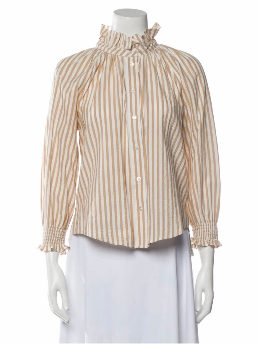 Veronica Beard Beige and White Striped Ruffle-Neck Button Down